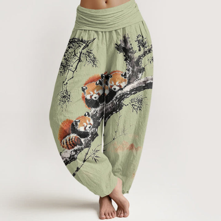 Buddha Stones Cotton Ink Bamboo Red Panda Pattern Women's Elastic Waist Harem Pants - PaleGreen - US16，UK/AU20，EU48 (3XL) - image 5