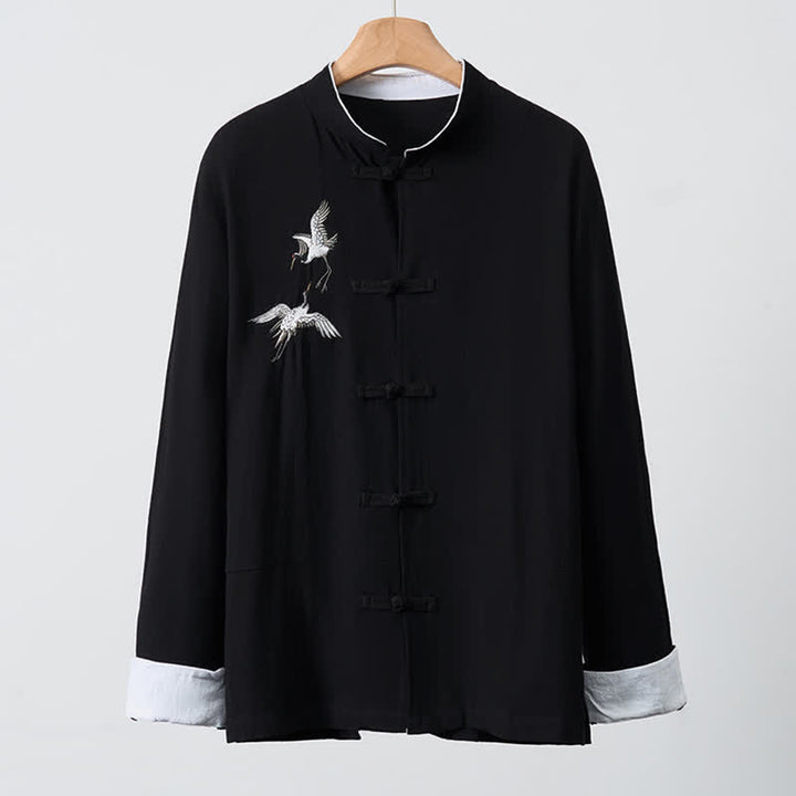 Buddha Stones Spring Fall Vintage Tang Style Frog Button Crane Embroidery Men's Long Sleeve Shirts - image 12