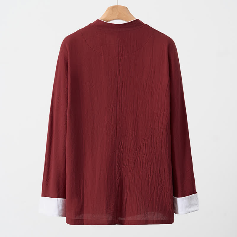Buddha Stones Spring Fall Vintage Tang Style Frog Button Crane Embroidery Men's Long Sleeve Shirts - image 4