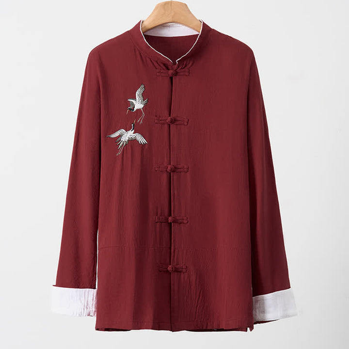 Buddha Stones Spring Fall Vintage Tang Style Frog Button Crane Embroidery Men's Long Sleeve Shirts - image 3
