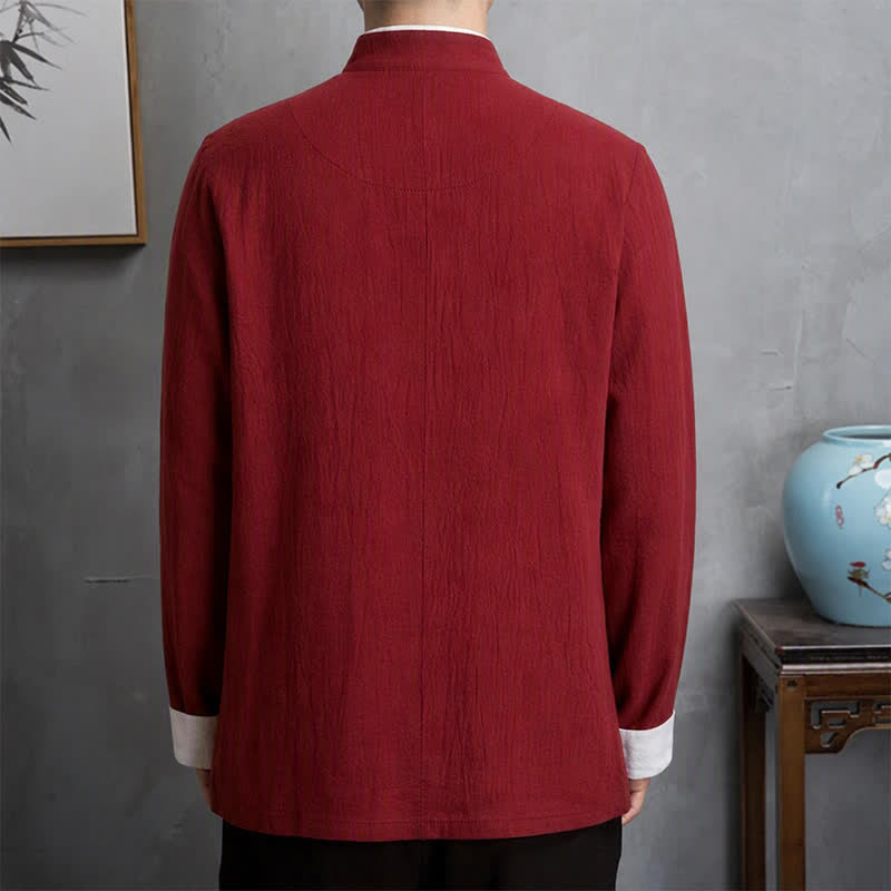Buddha Stones Spring Fall Vintage Tang Style Frog Button Crane Embroidery Men's Long Sleeve Shirts - image 2