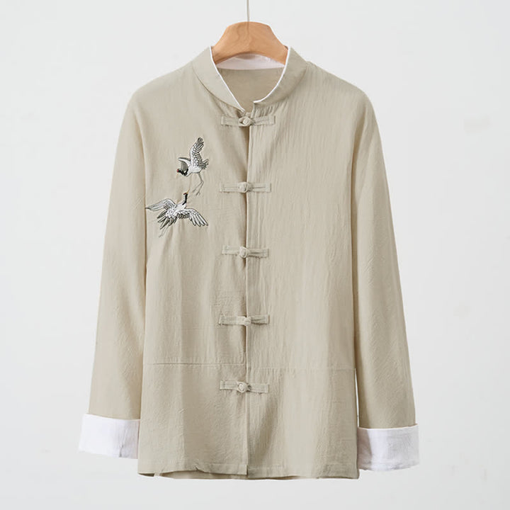 Buddha Stones Spring Fall Vintage Tang Style Frog Button Crane Embroidery Men's Long Sleeve Shirts - image 23