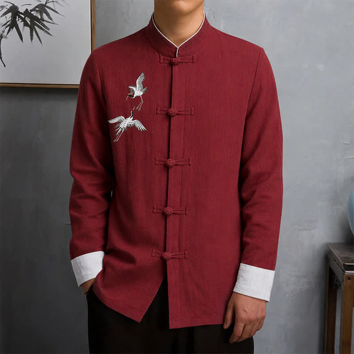 Buddha Stones Spring Fall Vintage Tang Style Frog Button Crane Embroidery Men's Long Sleeve Shirts - image 1