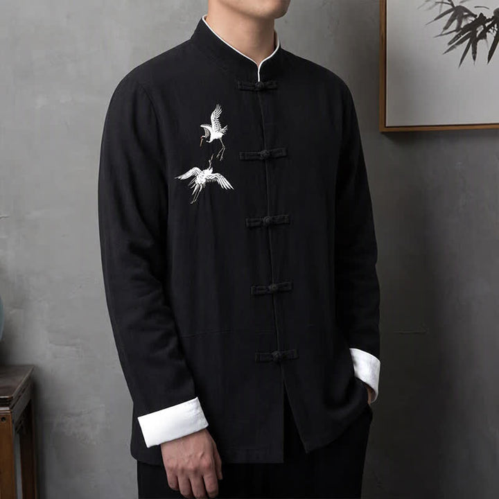 Buddha Stones Spring Fall Vintage Tang Style Frog Button Crane Embroidery Men's Long Sleeve Shirts - image 10