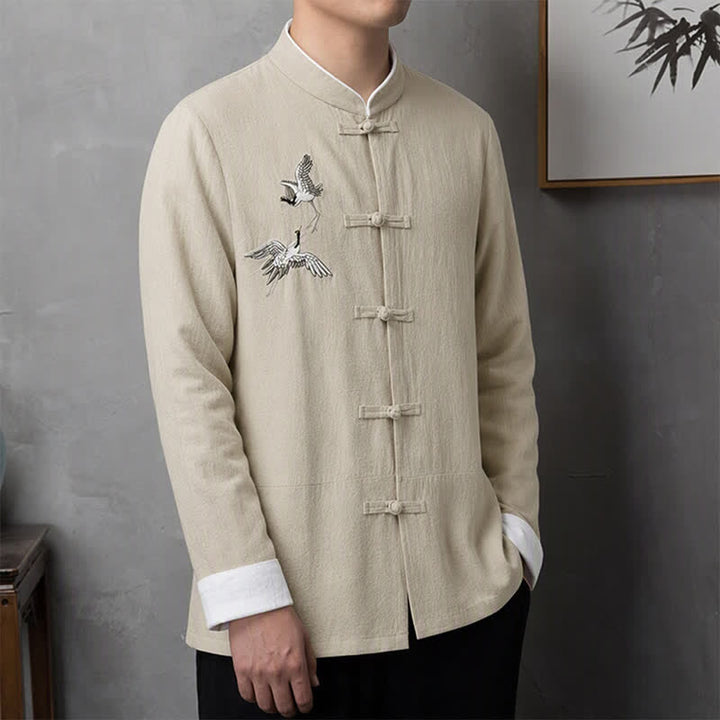 Buddha Stones Spring Fall Vintage Tang Style Frog Button Crane Embroidery Men's Long Sleeve Shirts - image 21