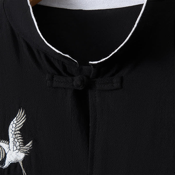 Buddha Stones Spring Fall Vintage Tang Style Frog Button Crane Embroidery Men's Long Sleeve Shirts - image 15