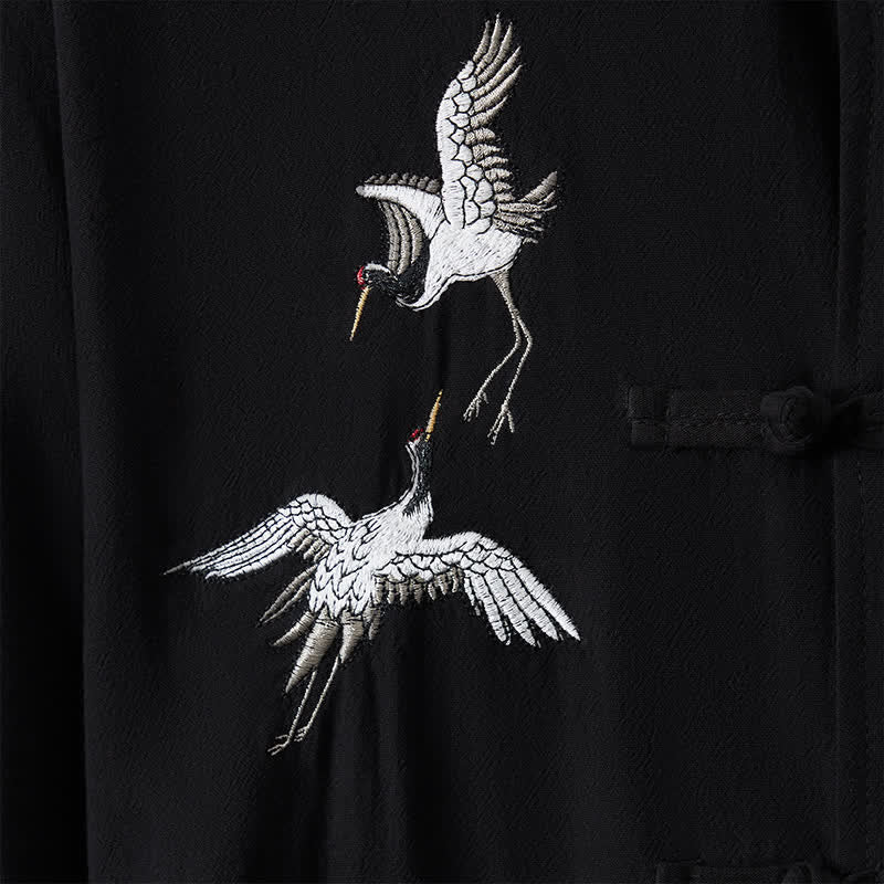 Buddha Stones Spring Fall Vintage Tang Style Frog Button Crane Embroidery Men's Long Sleeve Shirts - image 16