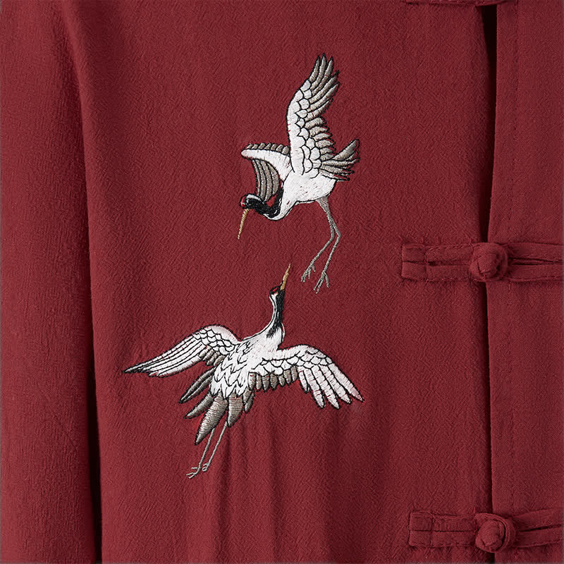 Buddha Stones Spring Fall Vintage Tang Style Frog Button Crane Embroidery Men's Long Sleeve Shirts - image 5