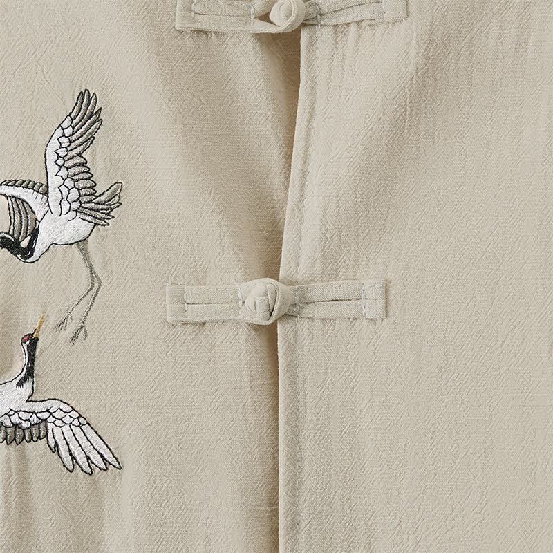 Buddha Stones Spring Fall Vintage Tang Style Frog Button Crane Embroidery Men's Long Sleeve Shirts - image 25