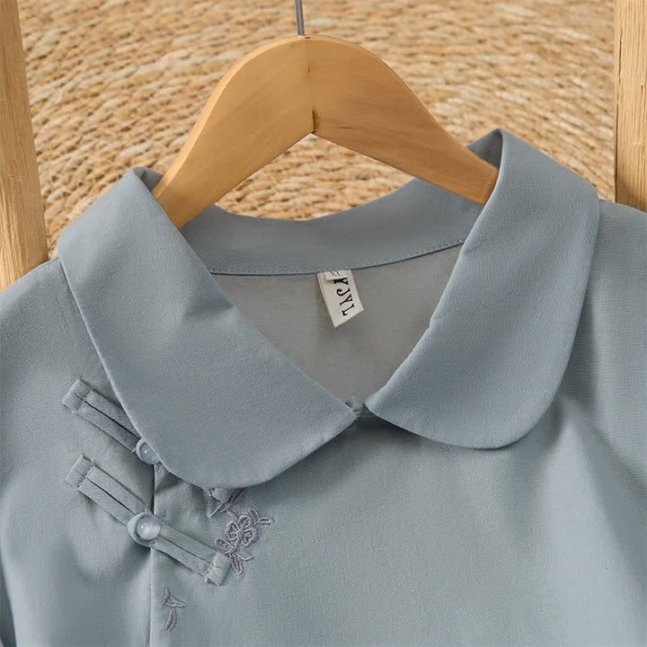 Buddha Stones Summer Vintage Tang Style Frog Button Embroidery Flower Solid Women's Elbow-Length Sleeve Shirts - image 2