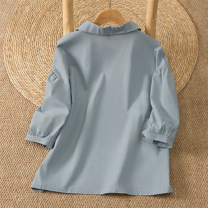 Buddha Stones Summer Vintage Tang Style Frog Button Embroidery Flower Solid Women's Elbow-Length Sleeve Shirts - image 1
