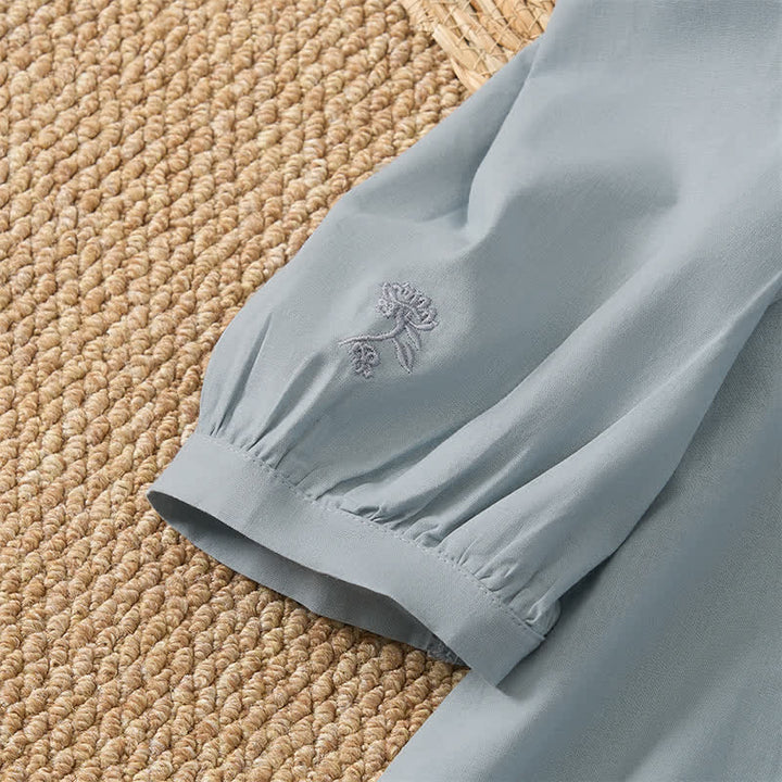 Buddha Stones Summer Vintage Tang Style Frog Button Embroidery Flower Solid Women's Elbow-Length Sleeve Shirts - image 5