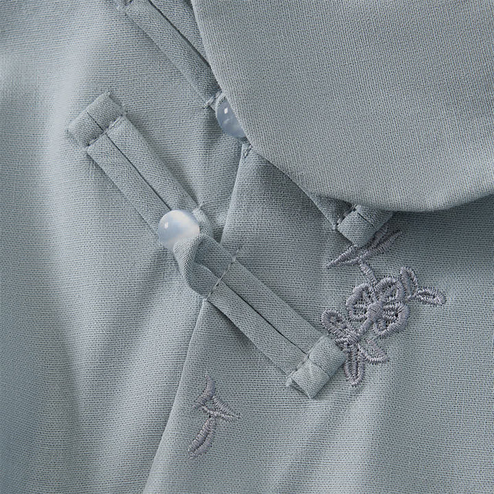 Buddha Stones Summer Vintage Tang Style Frog Button Embroidery Flower Solid Women's Elbow-Length Sleeve Shirts - image 3