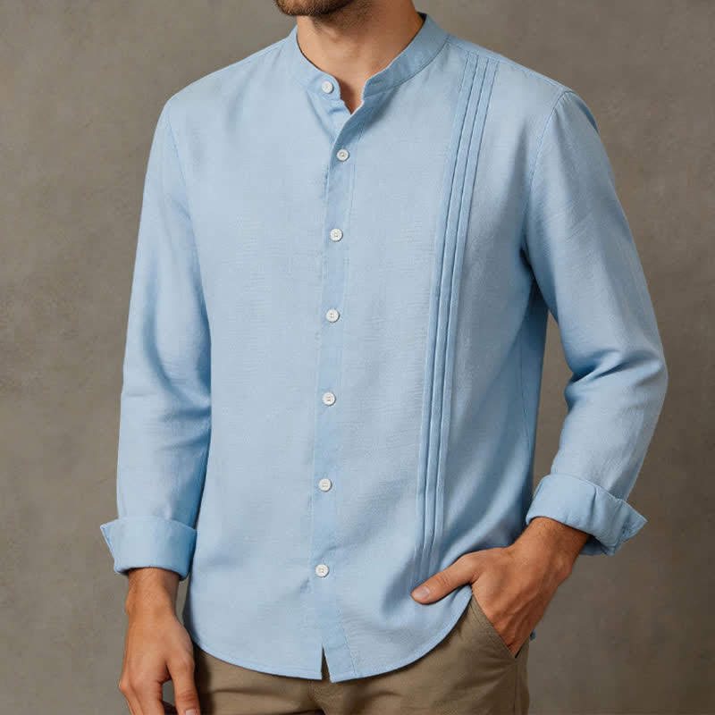 Buddha Stones Fall Tang Style Casual Mandarin Collar Button-Up Solid Men's Long Sleeve Shirts - PowderBlue - US/UK/AU40, EU50 (2XL) - image 0