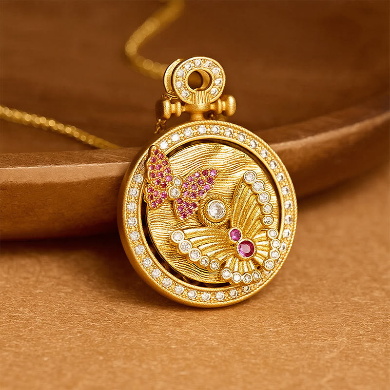 Buddha Stones Gold Plated Copper Butterfly Transformation Rotating Round Pendant Necklace - image 1