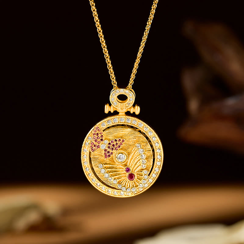 Buddha Stones Gold Plated Copper Butterfly Transformation Rotating Round Pendant Necklace - image 2