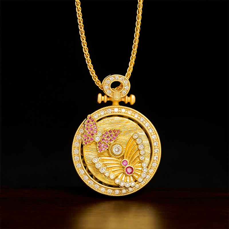 Buddha Stones Gold Plated Copper Butterfly Transformation Rotating Round Pendant Necklace - Butterfly - image 0