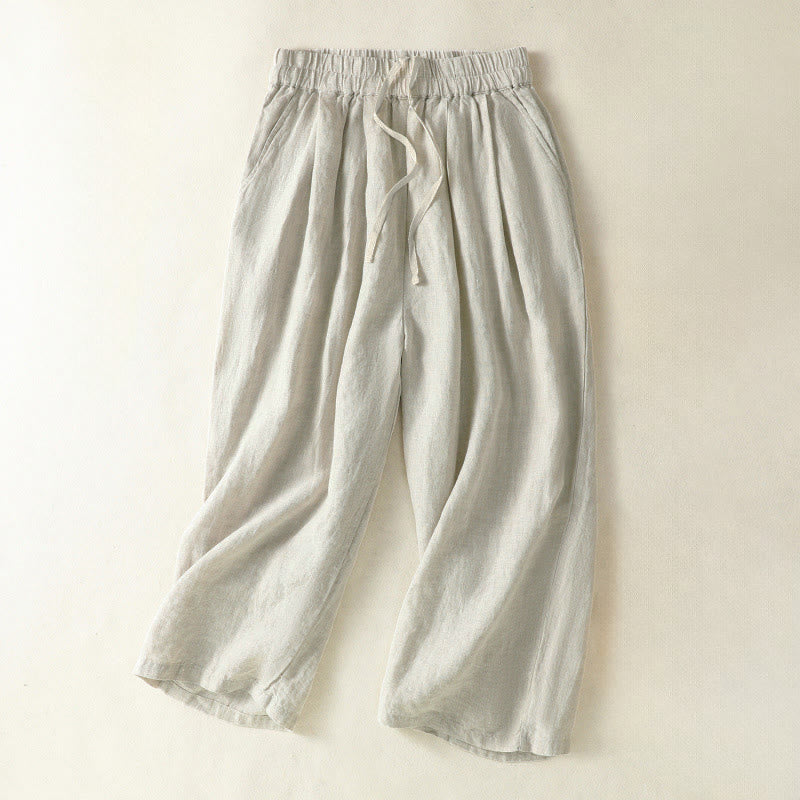 Buddha Stones Spring Summer Fall Casual Minimalist Drawstring Solid Cropped Pants Women's Straight Leg Pants With Pocket - Beige - US8-10, UK/AU12-14, EU40-42 (2XL) - image 5