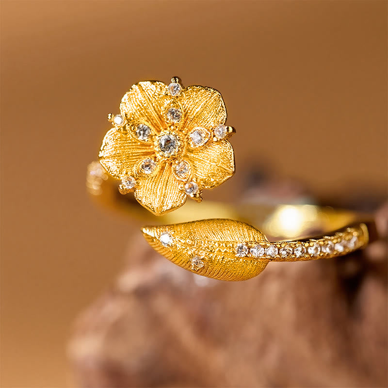 Buddha Stones Golden Camellia Blossom Alloy Open Ring - image 3