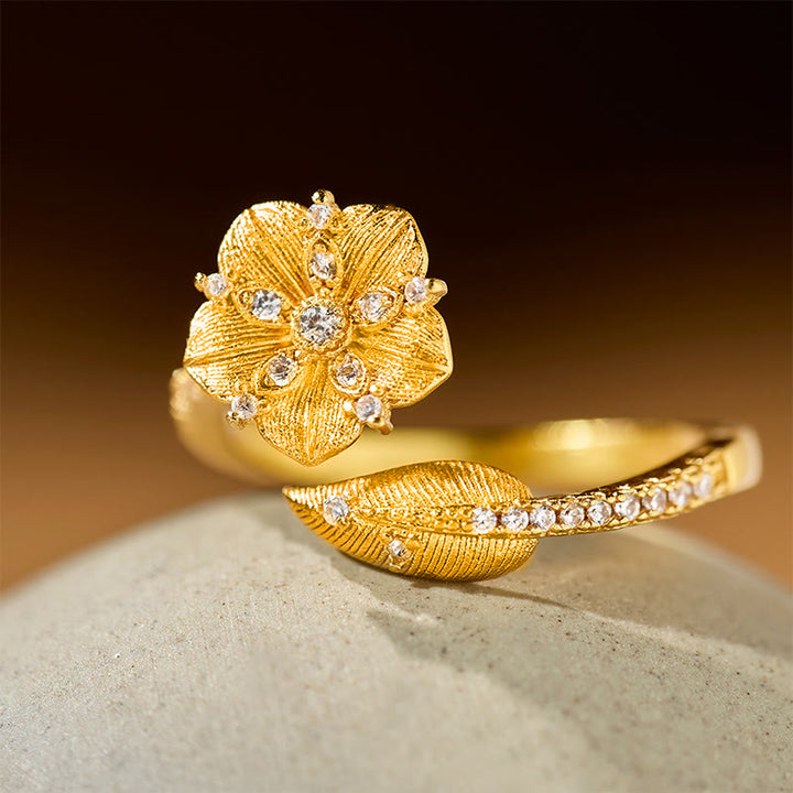 Buddha Stones Golden Camellia Blossom Alloy Open Ring - image 5