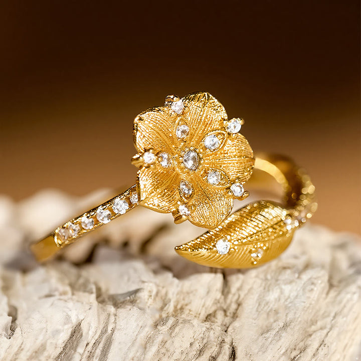 Buddha Stones Golden Camellia Blossom Alloy Open Ring - image 4