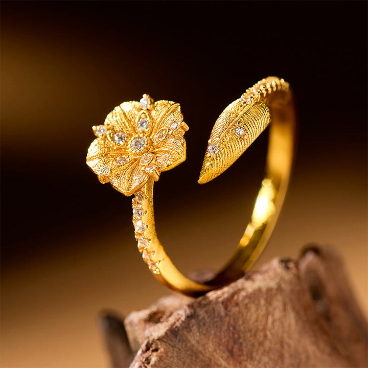 Buddha Stones Golden Camellia Blossom Alloy Open Ring - image 1
