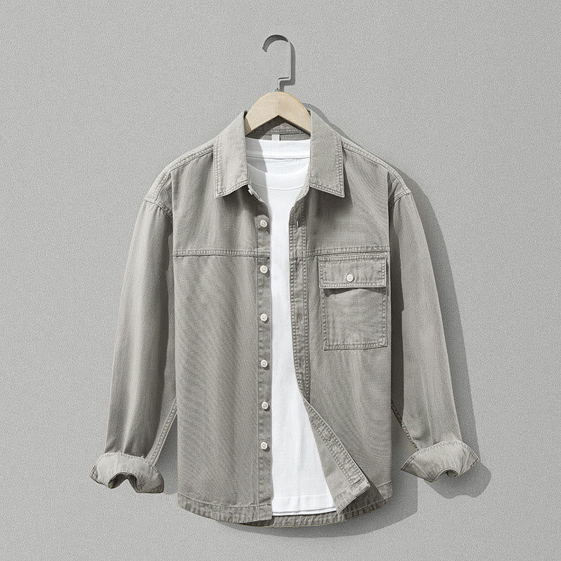 Buddha Stones Fall Casual Vintage Button-Up Solid Cotton Men's Long Sleeve Shirts With Pocket - DarkKhaki - US/UK/AU42, EU52 (3XL) - image 0