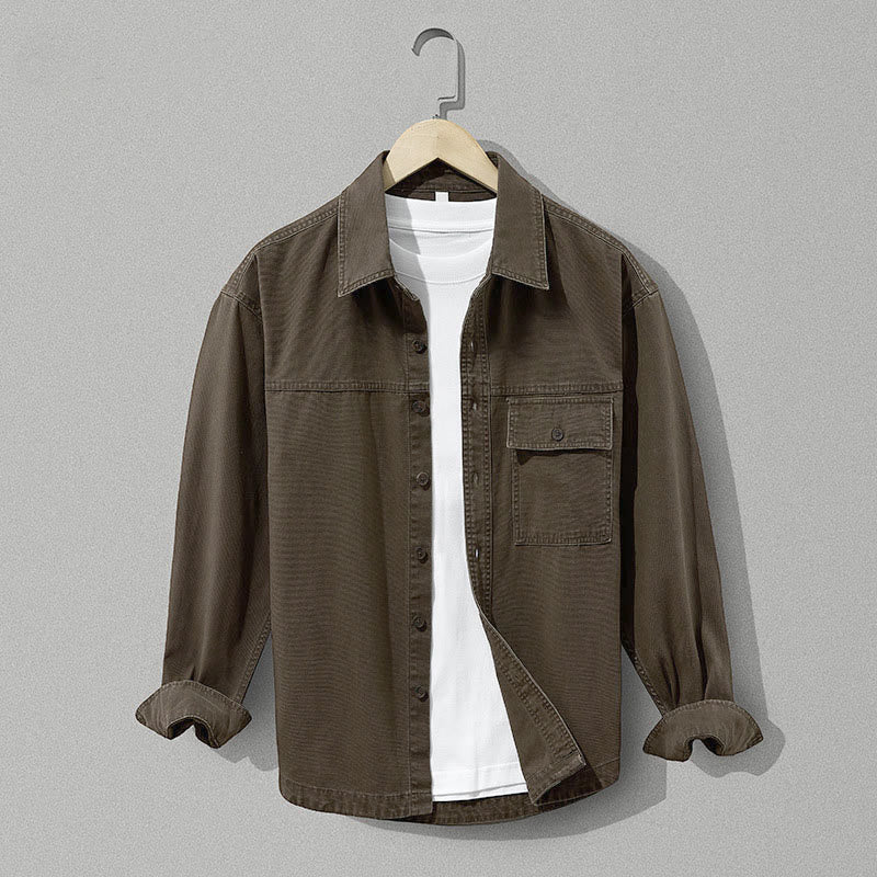 Buddha Stones Fall Casual Vintage Button-Up Solid Cotton Men's Long Sleeve Shirts With Pocket - Olive - US/UK/AU42, EU52 (3XL) - image 8