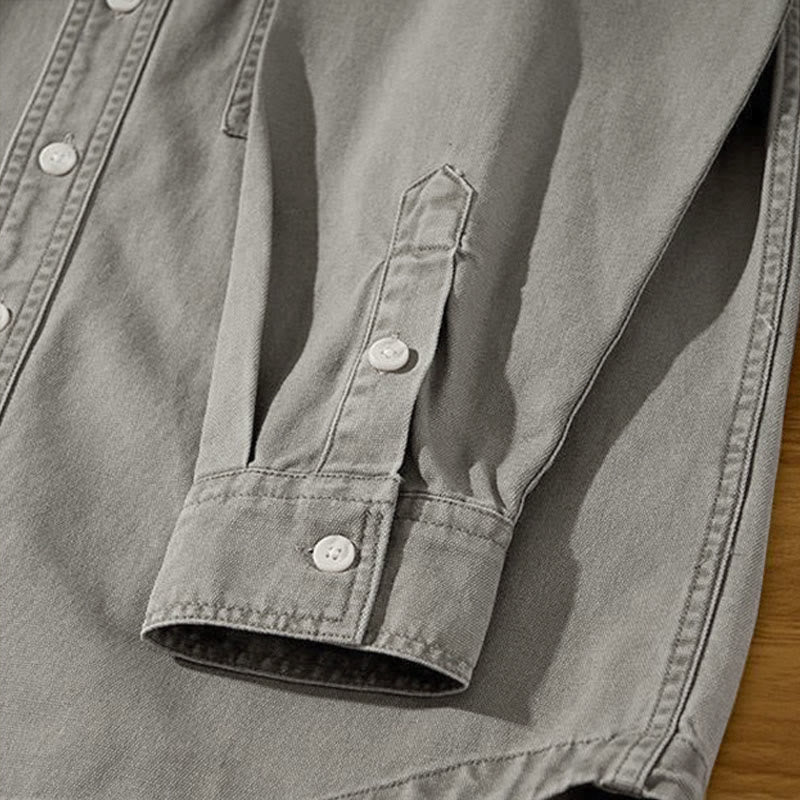 Buddha Stones Fall Casual Vintage Button-Up Solid Cotton Men's Long Sleeve Shirts With Pocket - image 6