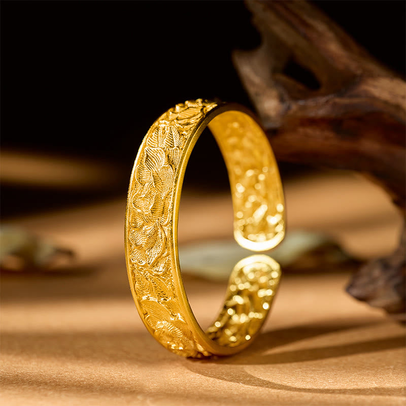 Buddha Stones Gold Plated Copper Engraved Peony Energy Open Cuff Bracelet - image 2