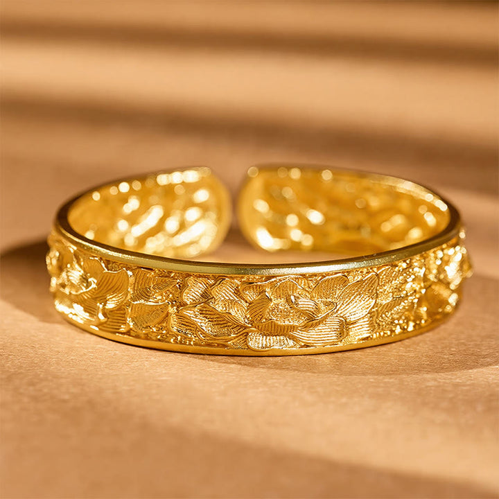 Buddha Stones Gold Plated Copper Engraved Peony Energy Open Cuff Bracelet - image 9