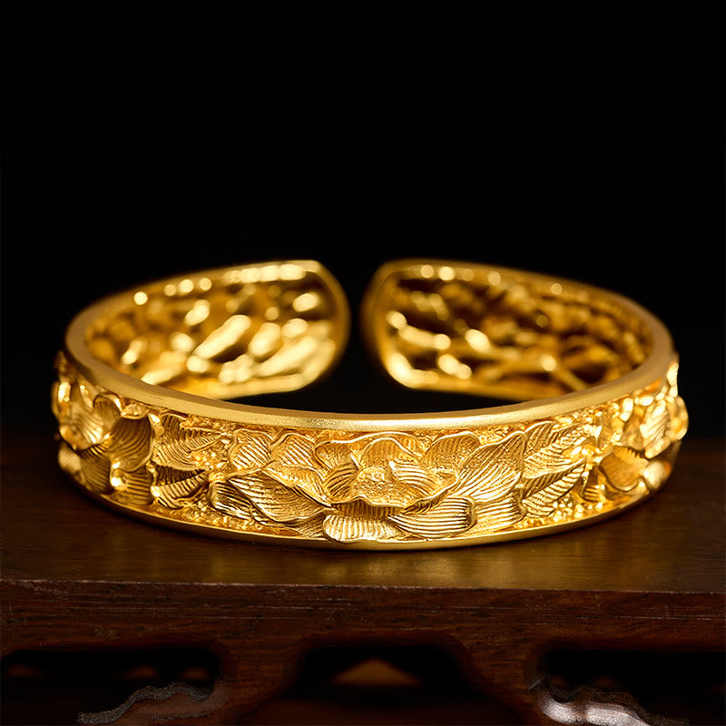 Buddha Stones Gold Plated Copper Engraved Peony Energy Open Cuff Bracelet - Approx. 56-62mm - image 0