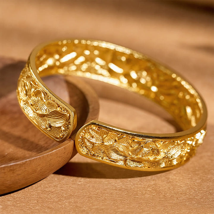 Buddha Stones Gold Plated Copper Engraved Peony Energy Open Cuff Bracelet - image 4