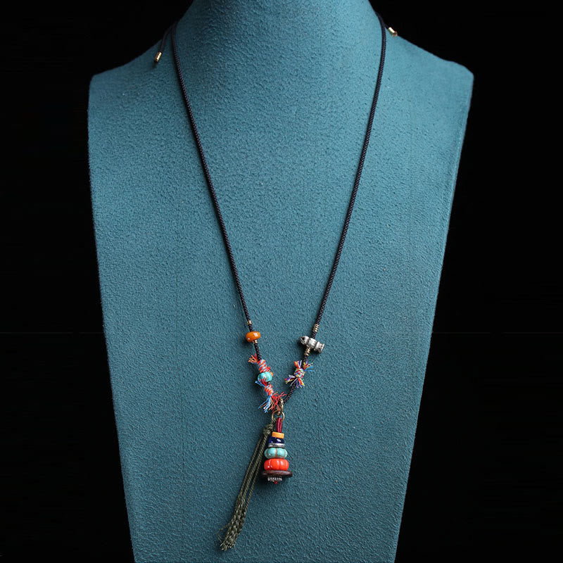Buddha Stones Tibetan Mani Stone Heap Design LiuLi Bead Grounding Tassel Necklace - image 5