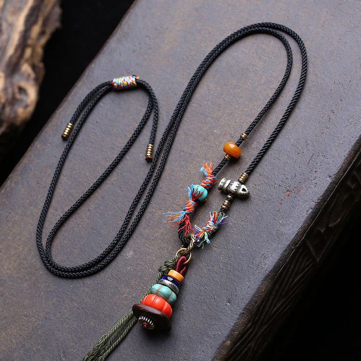 Buddha Stones Tibetan Mani Stone Heap Design LiuLi Bead Grounding Tassel Necklace - Approx. 6.5–16mm - image 0