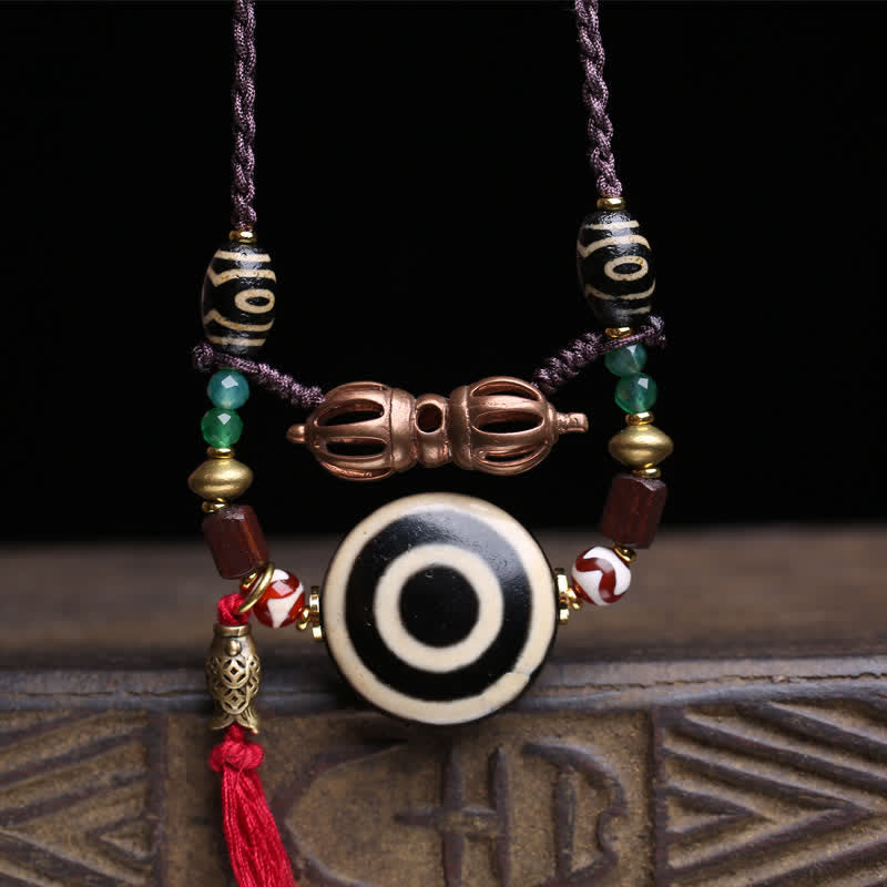 Buddha Stones Tibetan Dzi Bead Vajra Three-Eye Dzi Bead Braided Rope Protection Necklace - image 1