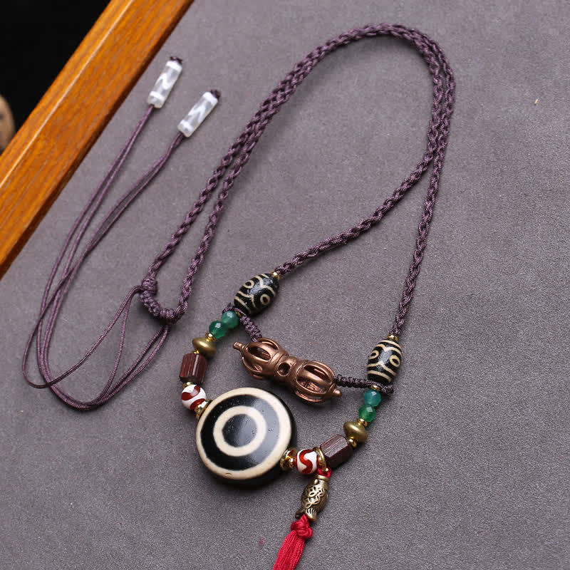 Buddha Stones Tibetan Dzi Bead Vajra Three-Eye Dzi Bead Braided Rope Protection Necklace - Approx. 24 × 10 mm - image 0
