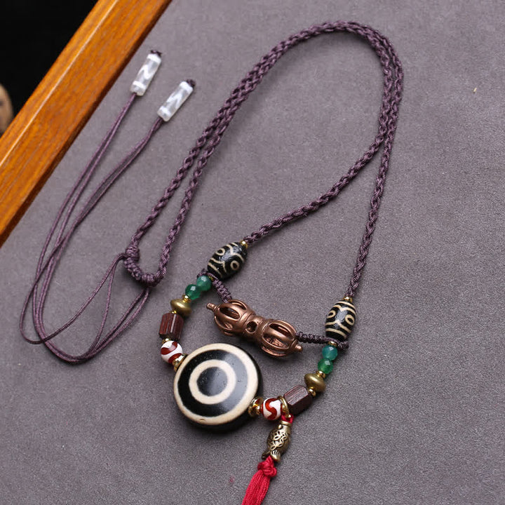 Buddha Stones Tibetan Dzi Bead Vajra Three-Eye Dzi Bead Braided Rope Protection Necklace - Approx. 24 × 10 mm - image 0