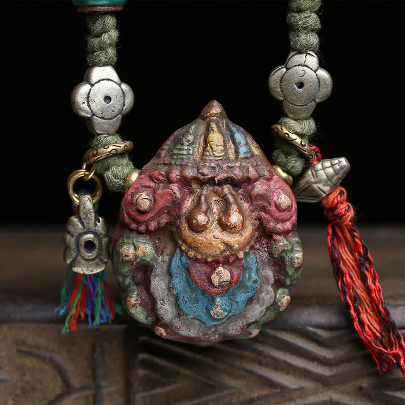 Buddha Stones Tibetan Painted Tsa-tsa Carved Tassel Grounding Pendant Necklace - image 1