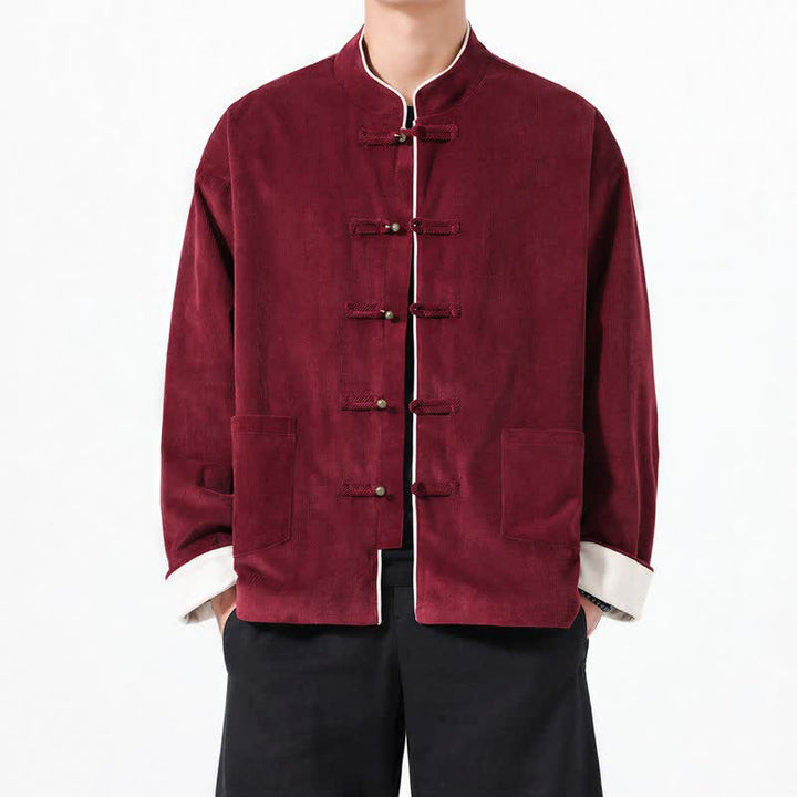 Buddha Stones Fall Winter Casual Tang Style Frog Button Solid Corduroy Men's Jackets With Pocket - image 7