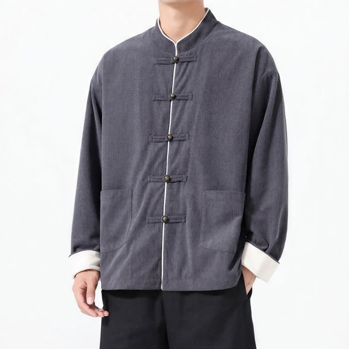 Buddha Stones Fall Winter Casual Tang Style Frog Button Solid Corduroy Men's Jackets With Pocket - image 1