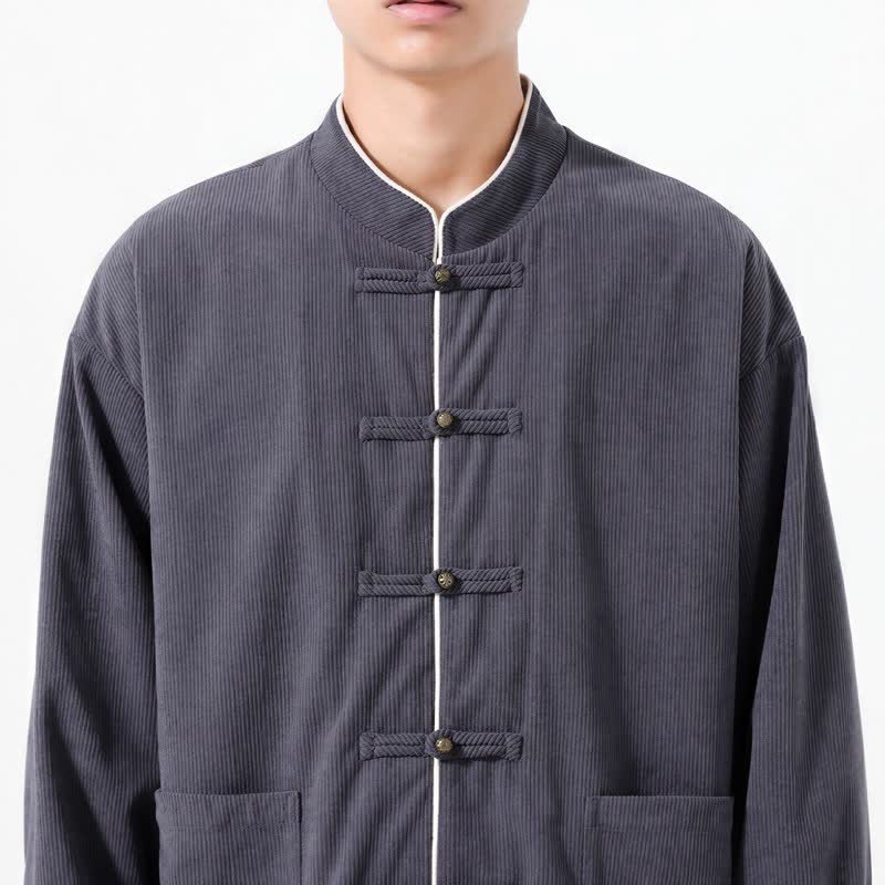 Buddha Stones Fall Winter Casual Tang Style Frog Button Solid Corduroy Men's Jackets With Pocket - image 4