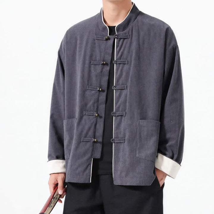 Buddha Stones Fall Winter Casual Tang Style Frog Button Solid Corduroy Men's Jackets With Pocket - DimGray - US/UK/AU46，EU56 (5XL) - image 0