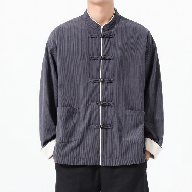 Buddha Stones Fall Winter Casual Tang Style Frog Button Solid Corduroy Men's Jackets With Pocket - image 3