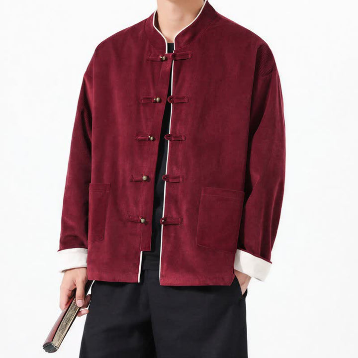 Buddha Stones Fall Winter Casual Tang Style Frog Button Solid Corduroy Men's Jackets With Pocket - Maroon - US/UK/AU46，EU56 (5XL) - image 6