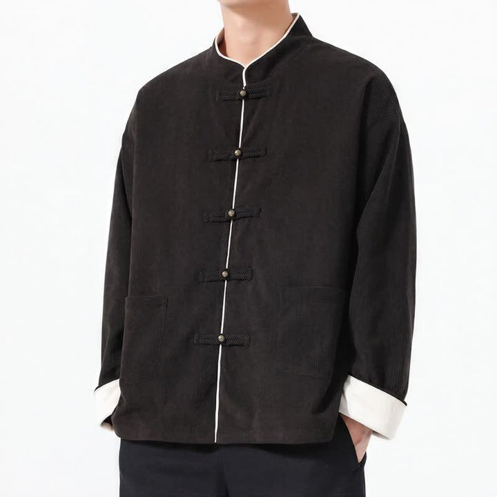 Buddha Stones Fall Winter Casual Tang Style Frog Button Solid Corduroy Men's Jackets With Pocket - image 11