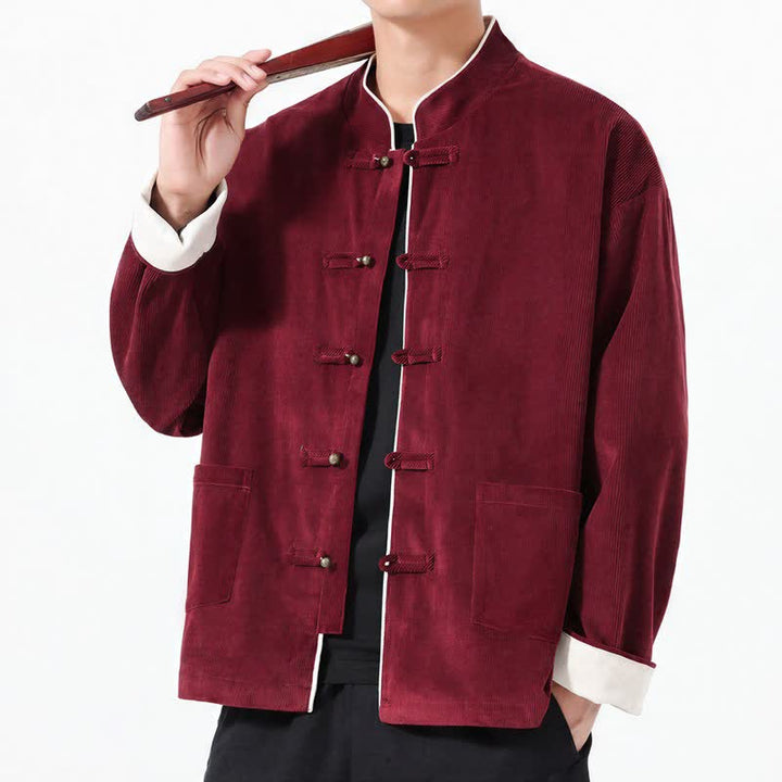 Buddha Stones Fall Winter Casual Tang Style Frog Button Solid Corduroy Men's Jackets With Pocket - image 9