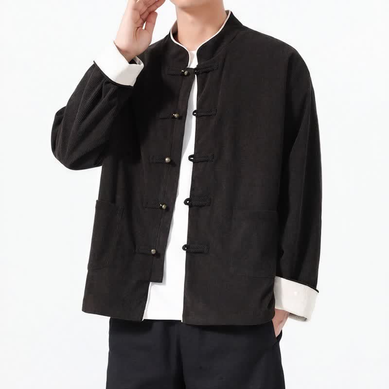 Buddha Stones Fall Winter Casual Tang Style Frog Button Solid Corduroy Men's Jackets With Pocket - image 13