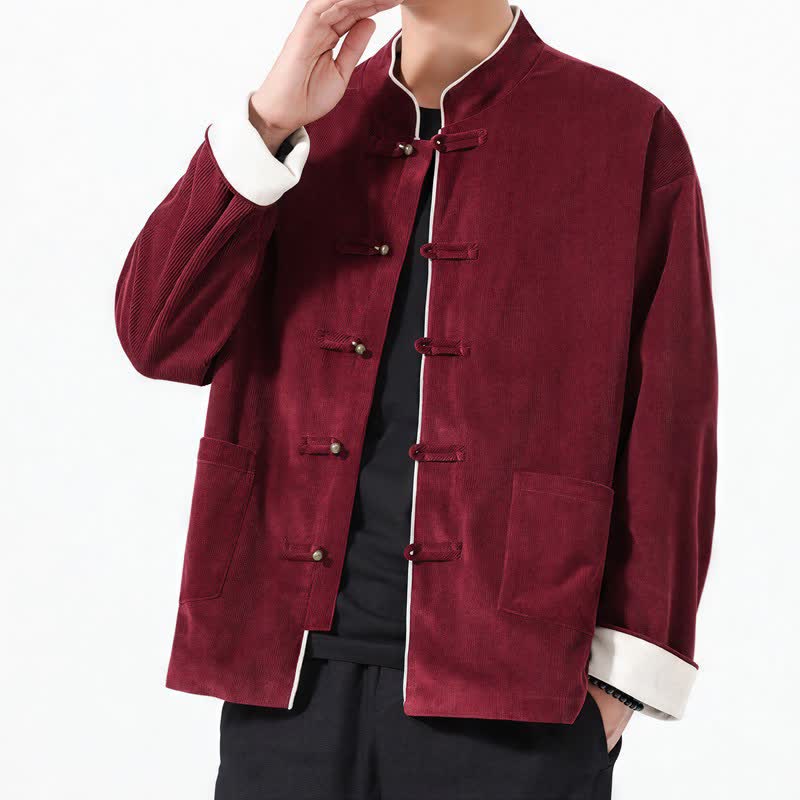 Buddha Stones Fall Winter Casual Tang Style Frog Button Solid Corduroy Men's Jackets With Pocket - image 8