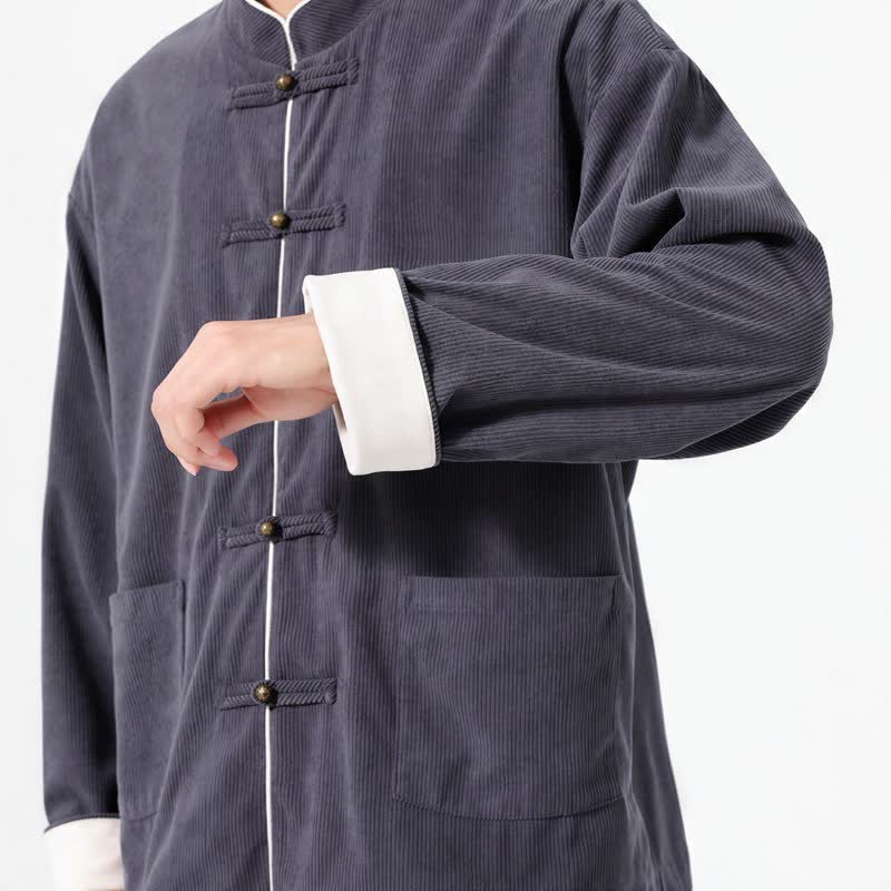 Buddha Stones Fall Winter Casual Tang Style Frog Button Solid Corduroy Men's Jackets With Pocket - image 5